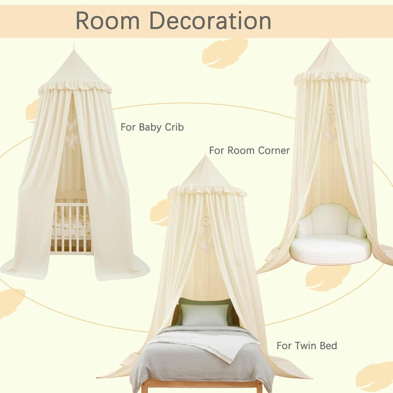 Akiky Kids Bed Canopy for Crib & Twin Size with Ruffles Dreamcatcher, Princess Girls Nursery Room Decor Toddler Baby Dome Round Hanging Tent Curtains Skirt Over Bed Reading Nook Play Tents Ivory - Image 2